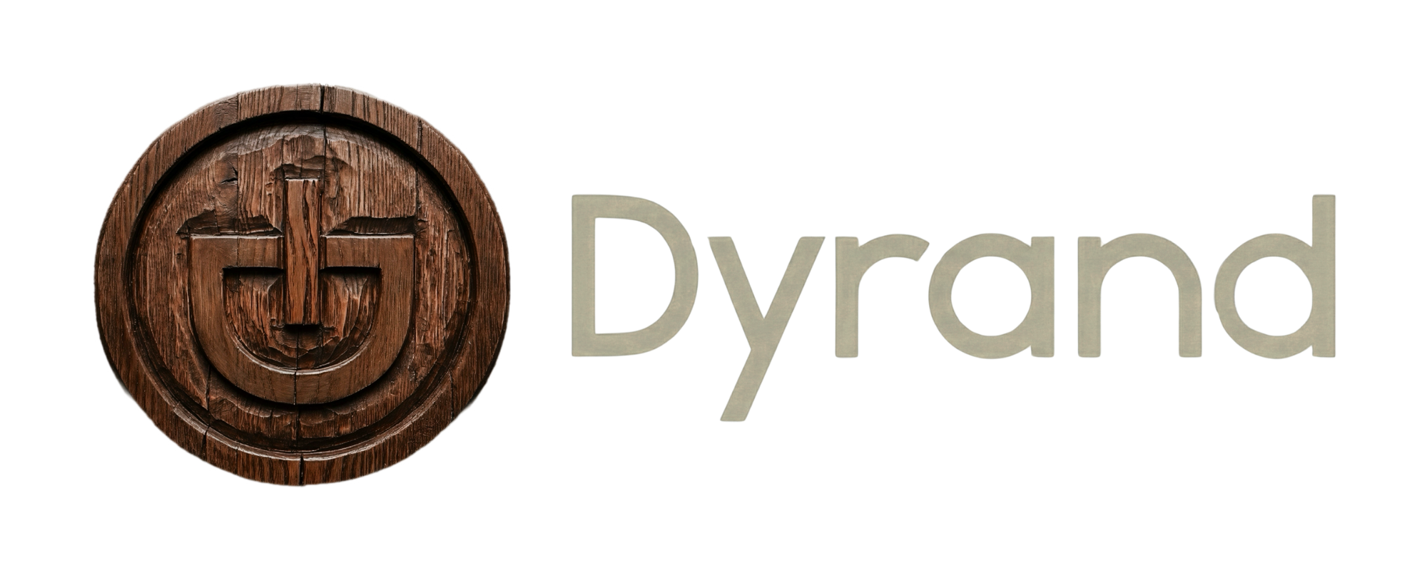 A wooden circular emblem with a carved abstract logo is next to the word Dyrand in light beige, modern font on a white background.