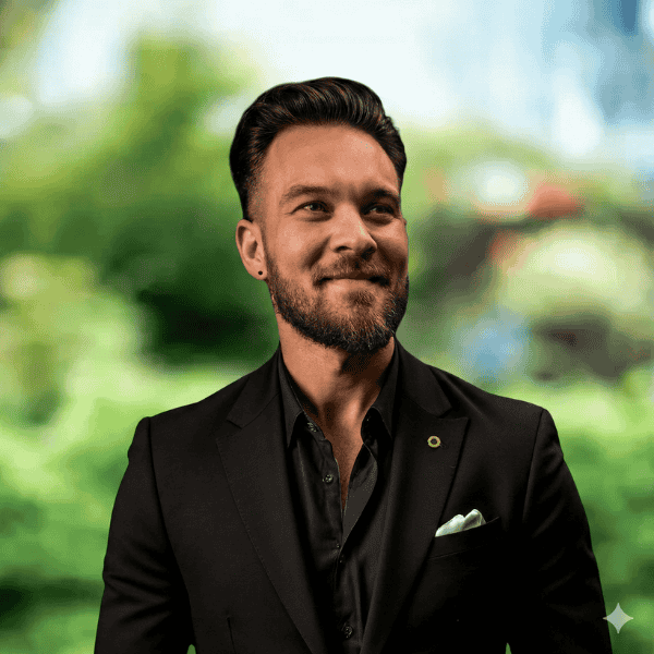 A man with dark hair and a beard, wearing a black suit and a pocket square, smiles while standing outdoors with a blurred green background, suggesting confidence and style about him.