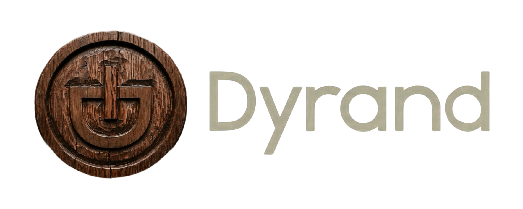 A wooden circular logo with a carved abstract symbol next to the word Dyrand in light beige font on a white background.